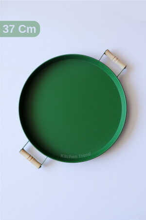 37 Cm Ahşap Kulplu Metal Yuvarlak Yeşil Tepsi Sunum Tepsi, Kahvaltı Tepsisi 37galvaniz - 2