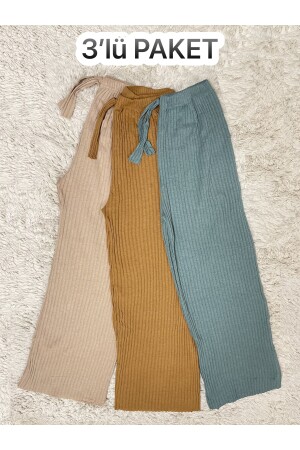3er-Pack Damen-Pyjamahose aus gestreifter gekämmter Baumwolle aus Cord, Beige, Senf, Mintgrün, BM. CordedBottom. 3some - 7