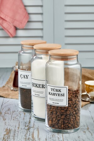3'lü Ahşap Kapaklı Çay & Türk Kahvesi & Şeker Saklama Kabı 1300 Ml Cam Kavanoz FBZ-SUGARTEACOFFEE-1300ML - 2