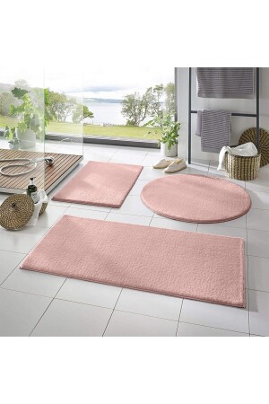 3'lü Banyo Paspası Halısı Peluş Halı Klozet Takımı Pudra-pembe 50x90-50x60-50x50(YUVARLAK)- - Sarar