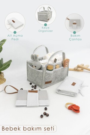 3'lü Bebek Bakım Seti; Keçe Anne Bebek Organizeri- Su Geçirmez Alt Açma Pedi- Alt Açma Çantası- Gri - Mordesign