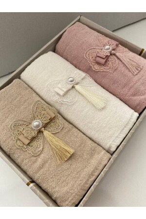 3'lü Fiyonklu Püsküllü Kutulu Çeyizlik 50x90 Kadife El Ve Yüz Havlusu *3LÜ*FLSYA**FİYONK* - AYHANHOME