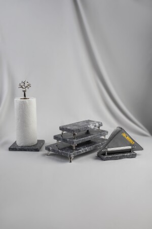 3'lü Gümüş Mermer Çeyiz Seti Sunumluk & Peçetelik & Rulo Peçetelik Pasta Sunumu, Metal Profil Ayak MERALP2023 - 1