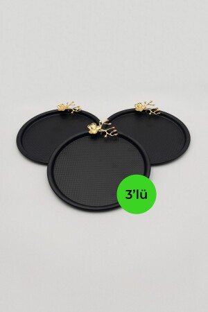 3'lü Japon Güllü Yuvarlak Siyah Sunum Tepsisi, Pasta Çay Kahve Dekoratif Servis Tepsisi 22cm JGMT212-3X - Fiyakalı Ürünler Atölyesi