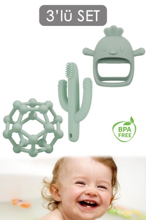 3'lü Set - Diş Kaşıyıcı El Topu - Silikon Bebek Diş Kaşıma Eldiveni - Kaktüs Bebek Dişlik - Meleni Baby