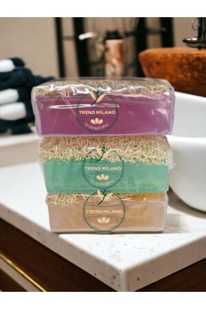 3lü Set Doğal Kabak Lifli Sabun Aloe Vera - Lavanta - Pirinç Özlü 3 Adet - Trendmilano