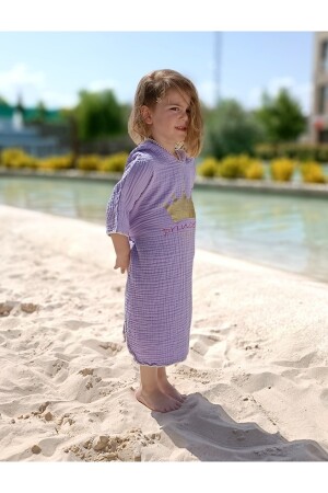 4 Katlı Müslin Kapşonlu Panço Çocuk Bornoz Plaj Banyo Prenses Tacı 600203 - 6