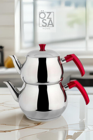 4 Parça Küre Çaydanlık Kırmızı Kulplu Mini Küçük Boy Çaydanlık OZSA00000141 - 1