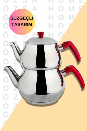 4 Parça Küre Çaydanlık Kırmızı Kulplu Mini Küçük Boy Çaydanlık OZSA00000141 - 2
