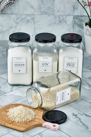 4-teiliger dekorativer Küchenorganisator, Salz-, Zucker-, Mehl- und Reisglas, Lebensmittelaufbewahrung aus Glas (3000 cm³) FBZ-4L-3000CC - 4