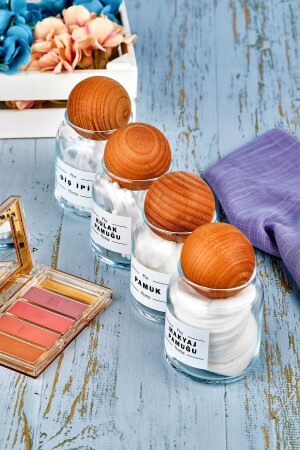 4-teiliger Kugeldeckel aus Holz für Zahnseide, Watte und Make-up, Organizer für Wattestäbchen und Wattestäbchen, 300 ml Glas-Baumwollflasche FBZ-4L-DKPMPP - FBZhome