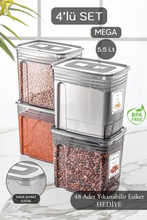 4-teiliger Lena-Mehlbehälter in Jumbo-Größe, 5,5 Liter – Aufbewahrungsbehälter für Hülsenfrüchte mit Deckel – Aufbewahrungsbox für Zutaten MCH-976 - Meleni Home