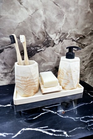 4-teiliges Badezimmer-Set aus Beton mit Marmormuster, Seifenspender, Zahnbürstenhalter und Tablett - Betonmall