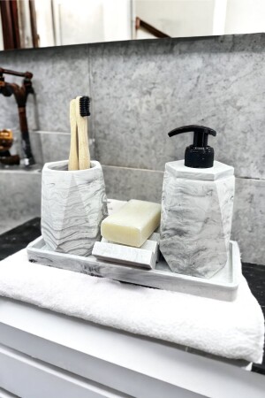 4-teiliges Badezimmer-Set aus Beton mit Marmormuster, Seifenspender, Zahnbürstenhalter und Tablett - Betonmall