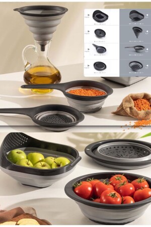 4'lü Katlanır Süzgeç Seti 4 Parça Mutfak Seti Akordiyon Pirinç Süzgeci Huni Badya Çeyiz Set - Bayev