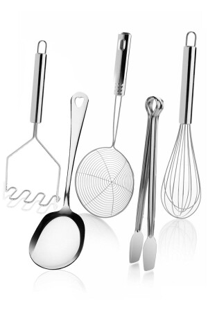 5 Parça Çelik Metal Mutfak Servis Seti Takımı (kaşık, Çırpıcı, Maşa, Patates Ezici, Kevgir) T090498401 - 1