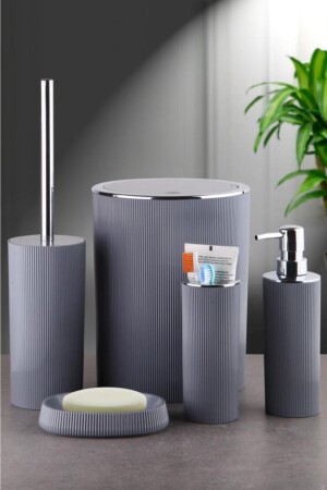 5 Parça Gri Antrasit Çizgili Banyo Seti Çöp Kovası Sıvı Katı Sabunluk Diş Fırçalık Tuvalet Fırçası LGY-00175 - 1