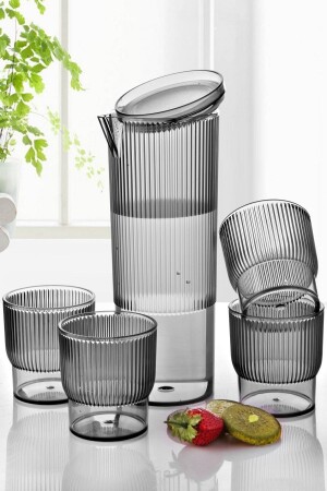 5 Parça Kristal Sürahi Seti - Buzdolabı Kapağına Uyumlu Sürahi - 4 Adet Stil Içecek Bardağı TGM-0027 - Tugomer