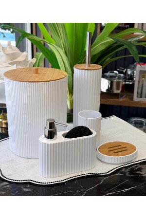5 Parça Lucas Akrilik Bambu Banyo Seti Beyaz - Onedekor