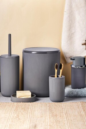 5 Parça Lüx Banyo Seti - Dekoratif Yuvarlak Pratik Kapak Çöp Kovası Diş Fırçalık Sabunluk Fırça Seti - Tugomer