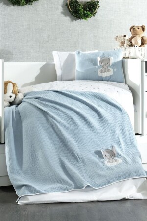 5 Parça Müslin Örtülü %100 Pamuk 3d Fil Desenli Mavi Bebek Nevresim Takımı - Minelya Home Collection