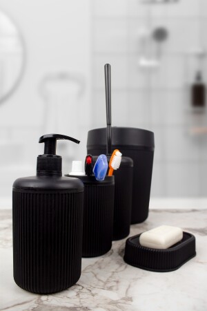 5 Parça Siyah Plastik Çizgili Banyo Aksesuar Seti & Siyah Banyo Seti Aç-8555862 - 3