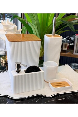 5-teiliges Lenox Acryl-Bambus-Badezimmer-Set, weiß - Onedekor