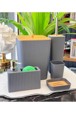 5-teiliges Lenox-Acryl-Bambus-Badezimmerset in Grau - Onedekor