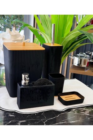 5-teiliges Lenox-Acryl-Bambus-Badezimmerset in Schwarz - Onedekor