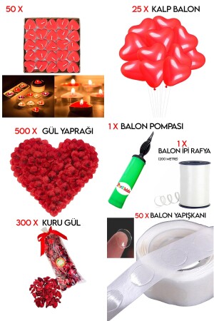 50 Kalp Mum, 25 Kalp Balon, 500 Gül Yaprağı, 300 Kuru Gül, 1 Balon Pompası Evlilik Teklifi Paket Set tye1301210134 - 1