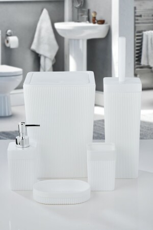 5'li Kare Çizgili Banyo Takımı Beyaz - 5 Parça Lüx Banyo Seti VG-678 - 3