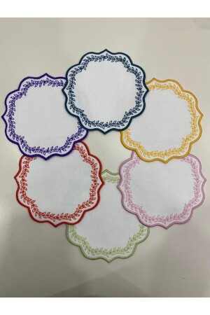 6 Farklı Renk Keten Kumaş Üzeri Yaprak Desen Nakışlı Kahve Yanı Kokteyl Peçetesi & Bardak Altlığı. - İnci Çeyiz