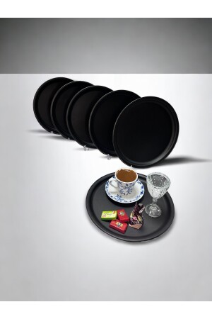 6 Lı 22 Cm Siyah Metal Yuvarlak Çay, Kahve, Pasta, Servis Tepsisi 6lıkulpsuz - 1