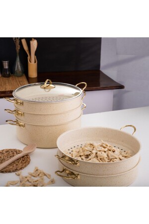 6 Parça 32 Cm Cream Ezme Seri Buharlı Pişirici- Mantı Tencere Seti 9 Lt - Evren