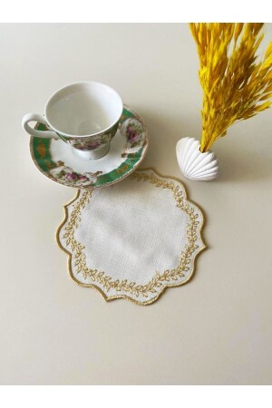 6 Stück bestickte Cocktailservietten und Untersetzer aus Leinenstoff mit Kaffeeseite. - İnci Çeyiz