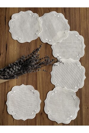 6 Stück gelockte, ecrufarbene, bestickte Kaffee-Seiten-Cocktail-Präsentationsservietten - Nurhan Home Collection