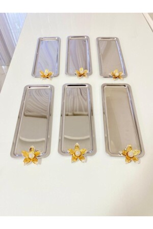 6-teiliges Lily Flower Luxus-Edelstahl-Silberstab-Service, Tee-, Kaffee-, Leckereien- und Präsentationstablett BTNZMBK66 - Aslı Hediyelik
