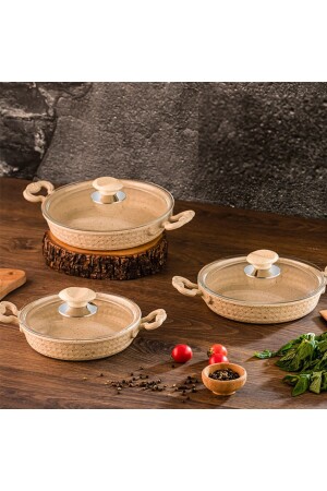 6-teiliges Pfannenset aus cremefarbenem Gusseisen – 18–20–22 cm Eier-Omelettpfannen-Set mit 3 Stück - Evren