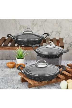 6-teiliges Pfannenset aus Gussgranit – Pfannenset mit Griff und Deckel – 18+20+22 cm SHN-0001 - Alkar