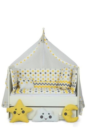 60*120 Sarı Gri Yıldızlı Bebek Beşik Uyku Seti (CİBİNLİK VE APARAT HEDİYE) - 1