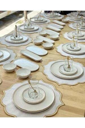 64-teiliges, modernes, cremefarbenes Frühstücksset in Gold für 12 Personen - Onedekor