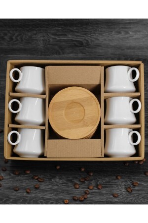 6'lı Bambu Tabaklı Porselen Türk Kahve Fincan Takımı 12 Parça Beyaz Vega50109 - vegahediye v vega