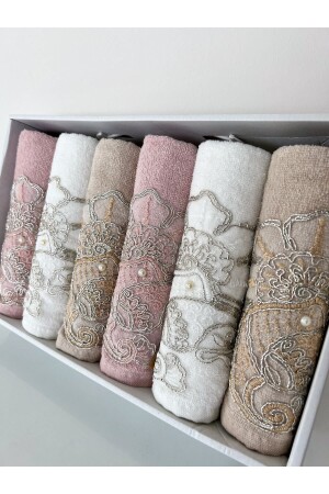 6'lı Fransız Güpürlü Taşlı Püsküllü Kutulu Çeyizlik 50x90 Kadife El Ve Yüz Havlusu 6*FLSYA**2 - AYHANHOME