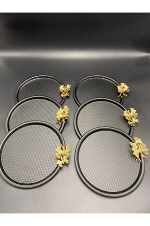 6'lı Kelebekli Siyah Dekoratif Yuvarlak Tepsi, Çay, Kahve, Tatlı, Pasta Servisi Sunum Tepsisi 22cm KZMT421-6X - Fiyakalı Ürünler Atölyesi