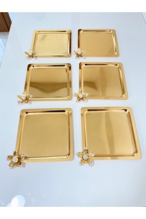 6’lı Lüx Gold Zambak Çiçekli Paslanmaz Çelik Kare Titanyum Kaplama Kahve, Çay, Sunum Servis Tepsisi KREZMK-66 - 1