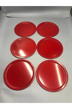 6'lı Metal Kırmızı Tek Kişilik Dekoratif Çay, Kahve Ve Pasta Servisi Sunum Tepsisi 23 Cm MZ22RNK666 - 1