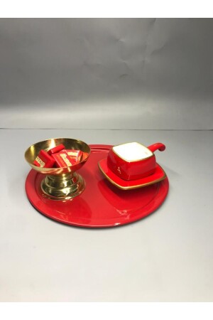 6'lı Metal Kırmızı Tek Kişilik Dekoratif Çay, Kahve Ve Pasta Servisi Sunum Tepsisi 23 Cm MZ22RNK666 - 3
