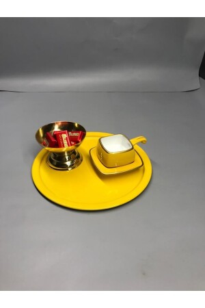 6'lı Metal Sarı Tek Kişilik Dekoratif Çay, Kahve Ve Pasta Servisi Sunum Tepsisi 23 Cm MZ22RNK666 - 2