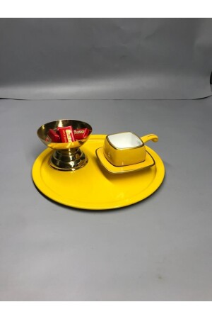 6'lı Metal Sarı Tek Kişilik Dekoratif Çay, Kahve Ve Pasta Servisi Sunum Tepsisi 23 Cm MZ22RNK666 - 4