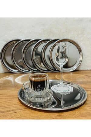 6'lı Paslanmaz Çelik 21.5cm Yuvarlak Çay, Kahve, Pasta Servis Tepsisi Dekoratif Sunum Tepsisi jfğdpse - BİMOTE